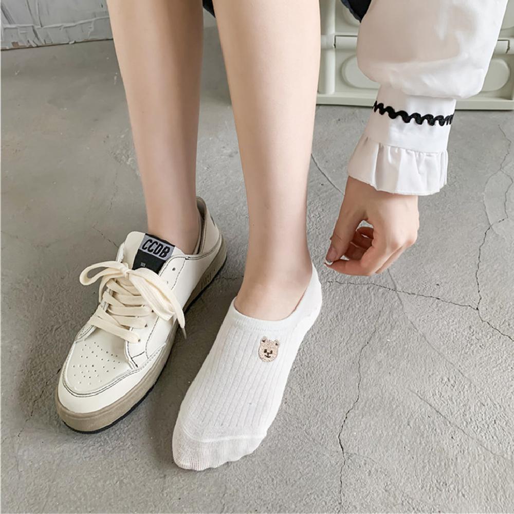 New Womens' Embroidered Bear Flower Strar Moon Squirrel White Cotton Fashion Summer No Show Invisible Socks Slippers Dropship