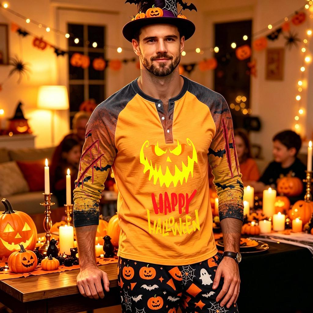 Men's Long Sleeve Shirt with Halloween Print for Holiday Parties and Casual Wear