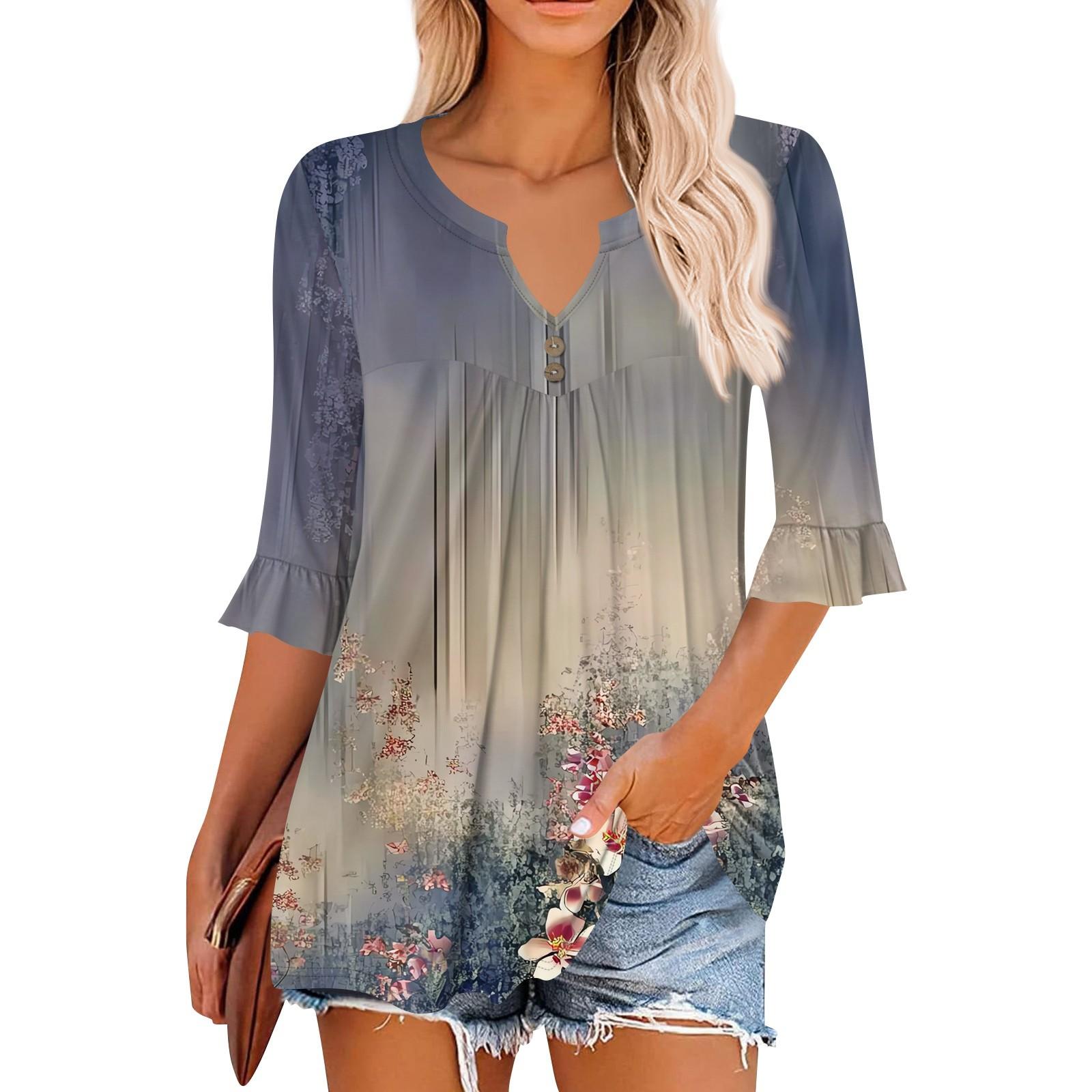 

3/4 рукава топы для женщин повседневные оборки V-образный вырез футболки рабочие блузки нарядные туники топы XXXL фиолетовый