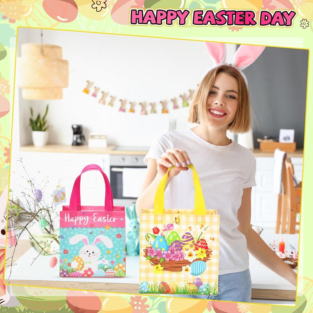 6 Pieces Easter Gift Bags Bulk Reusable Cute Easter Tote Bags with Handles Bunny Eggs Non Woven Holiday Goodie Basket