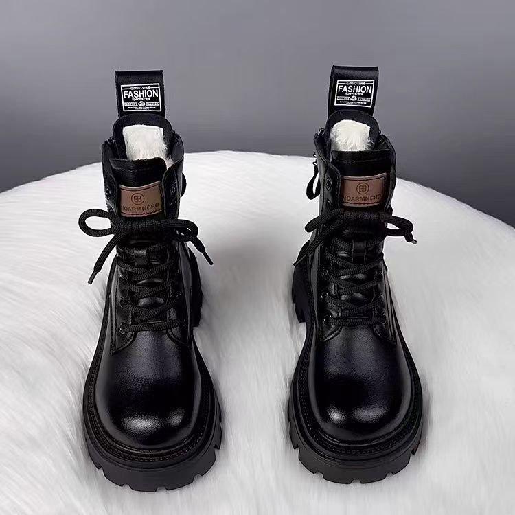 Versatile retro soft leather Martin boots for women 2025 winter new British style soft leather thick-soled mid-heeled locomotive short boots for women