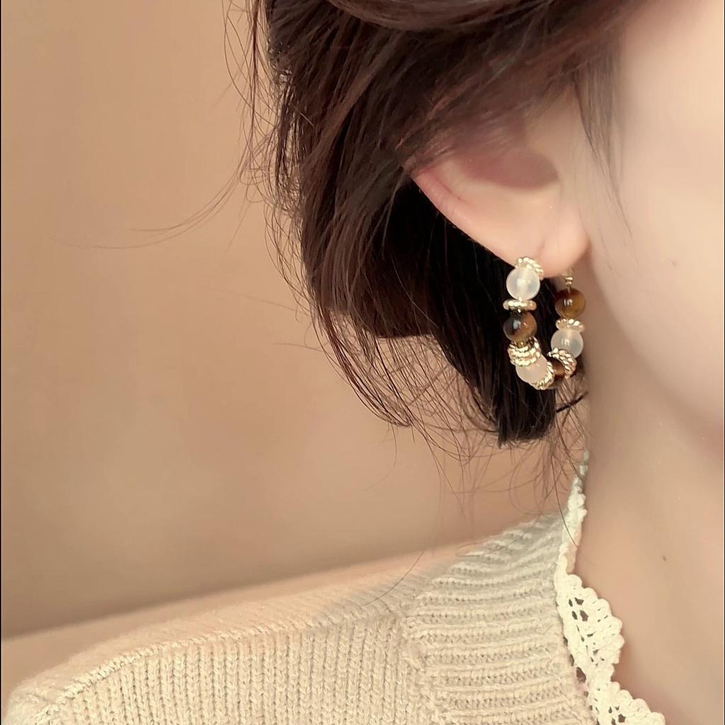 Artificial tiger's eye stone round earrings niche personalized earrings high-end earrings women