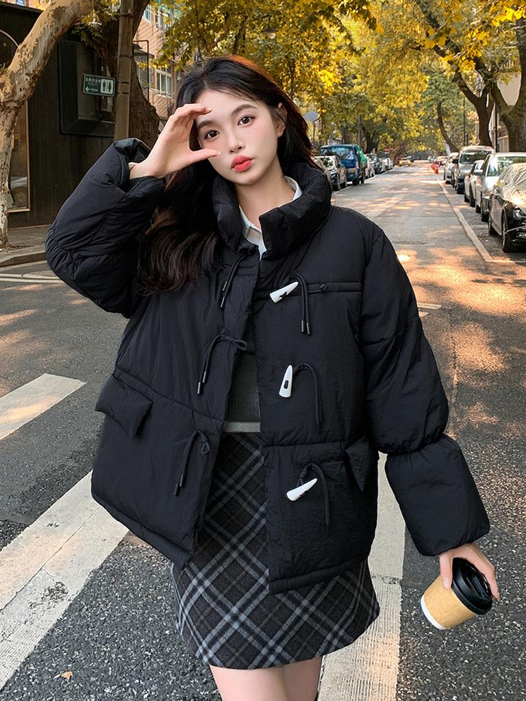 Women's Winter Korean Style Buckle Coat Cotton Padded Jacket with Fleece Lining