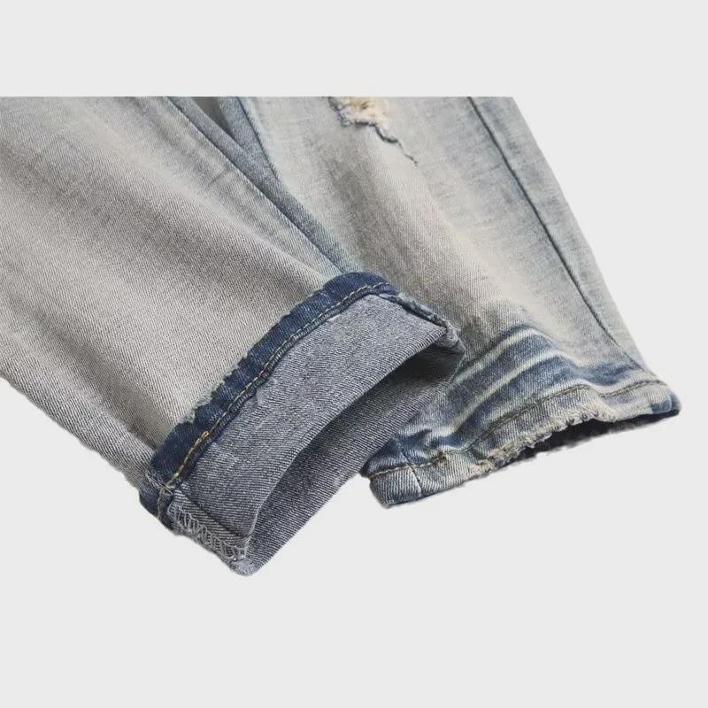 Men's Embroidered Ripped Jeans - American Style Slim Straight, High Street Fashion, Elastic Casual Long Pants