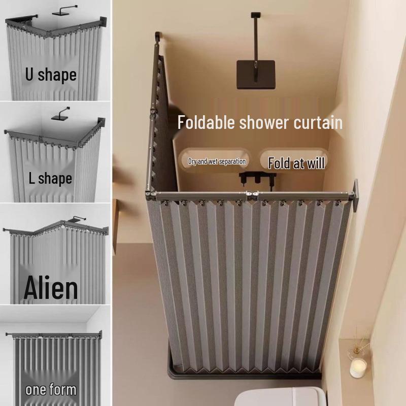 Foldable Shower Curtain Set: Invisible Waterproof Bathroom Partition for Dry and Wet Separation, Punch-free Installation.