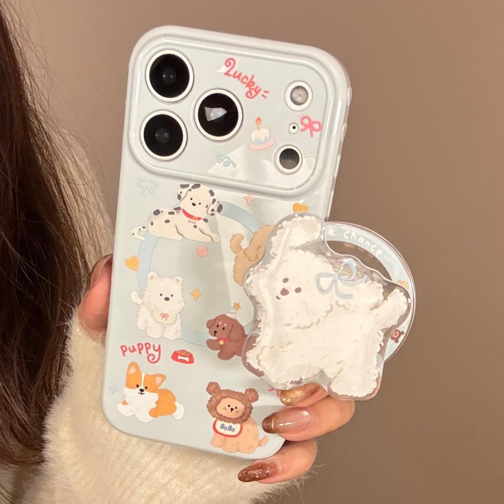 Korean Style Cartoon Puppy Suitable for Apple 17promax Mobile Phone Case Iphone16 Magnetic Bracket 15 Anti-fall 13 Soft Shell