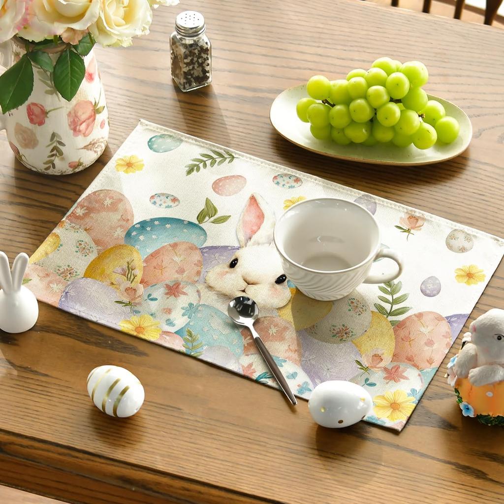 4/6pcs Joyful Easter Bunny Eggs Leaves Flowers Table Mats, Seasonal Spring Holiday Dining Decor for Parties, 12X18 Inches