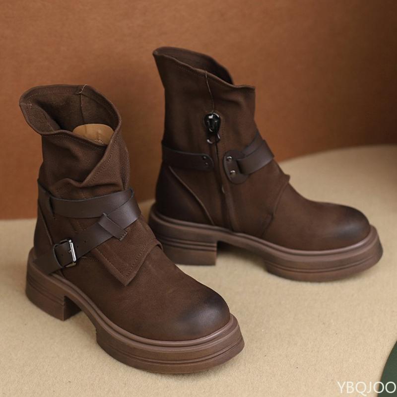 Buty na grubej podeszwie dla kobiet na jesień zimę niszowe retro brązowe krótkie botki modne proste wygodne wszechstronne damskie buty