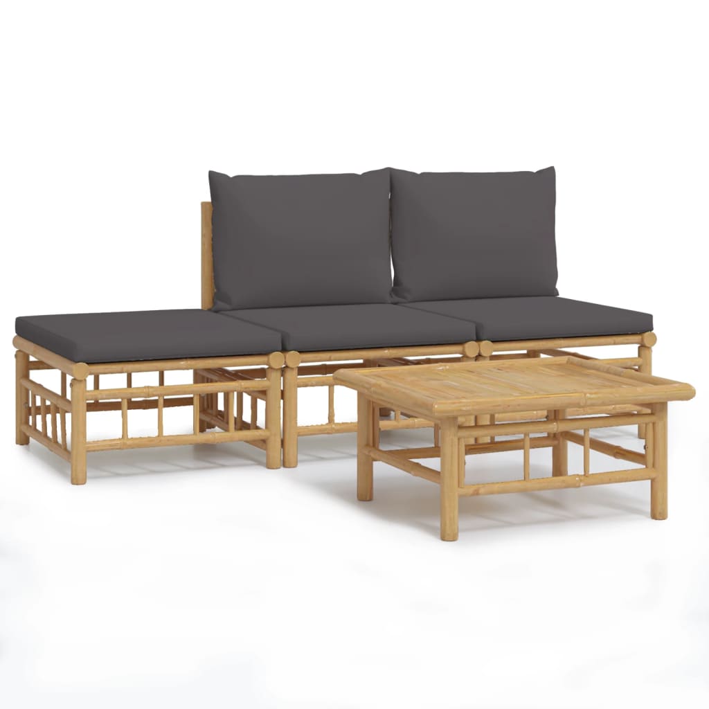 Vidaxl 4-Cz. Garden Furniture Set, Dark Grey Cushions, Bamboo