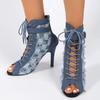 Fashion 2024Sexy Peep Toe Denim Ankle Boots Women Stiletto High Heels Gladiator Summer Booties Woman Zipper Cross-Tied Dress Shoes