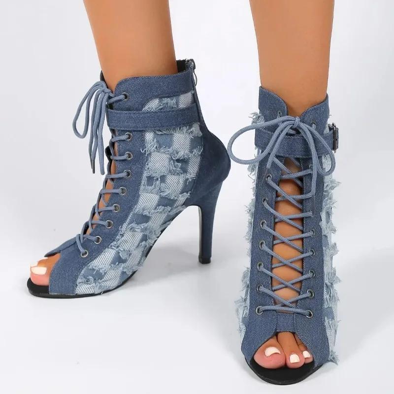 Fashion 2024Sexy Peep Toe Denim Ankle Boots Women Stiletto High Heels Gladiator Summer Booties Woman Zipper Cross-Tied Dress Shoes