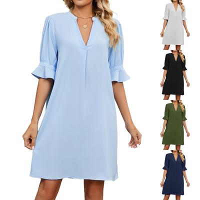 Summer New Solid Color V-neck Loose Five-quarter Sleeve Dress Women