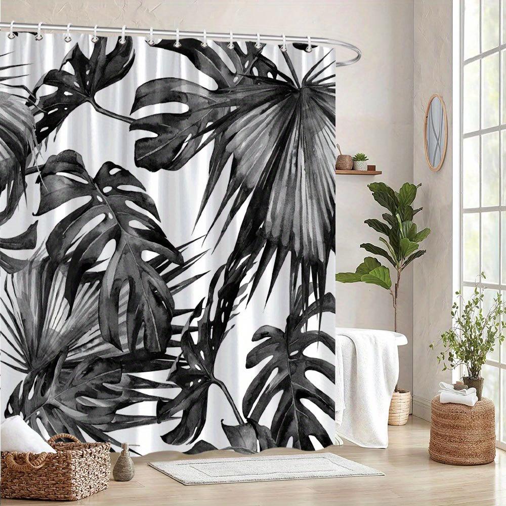 1 piece of black and white tropical leaves with rich details, monstera and palm plants, digital watercolor shower curtain