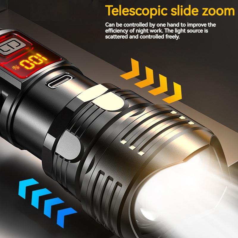New Strong Light Digital Display Flashlight with Telescopic Focus, Rechargeable, Portable, Long Range Outdoor Work Light, LED Fl