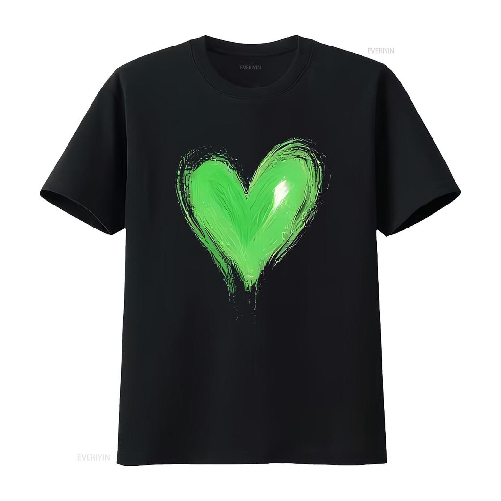 Vibrant Green Heart on Black T Shirt Bold Eye Catching Design vintage Washed Stretched designer clothes Unisex Comfortable