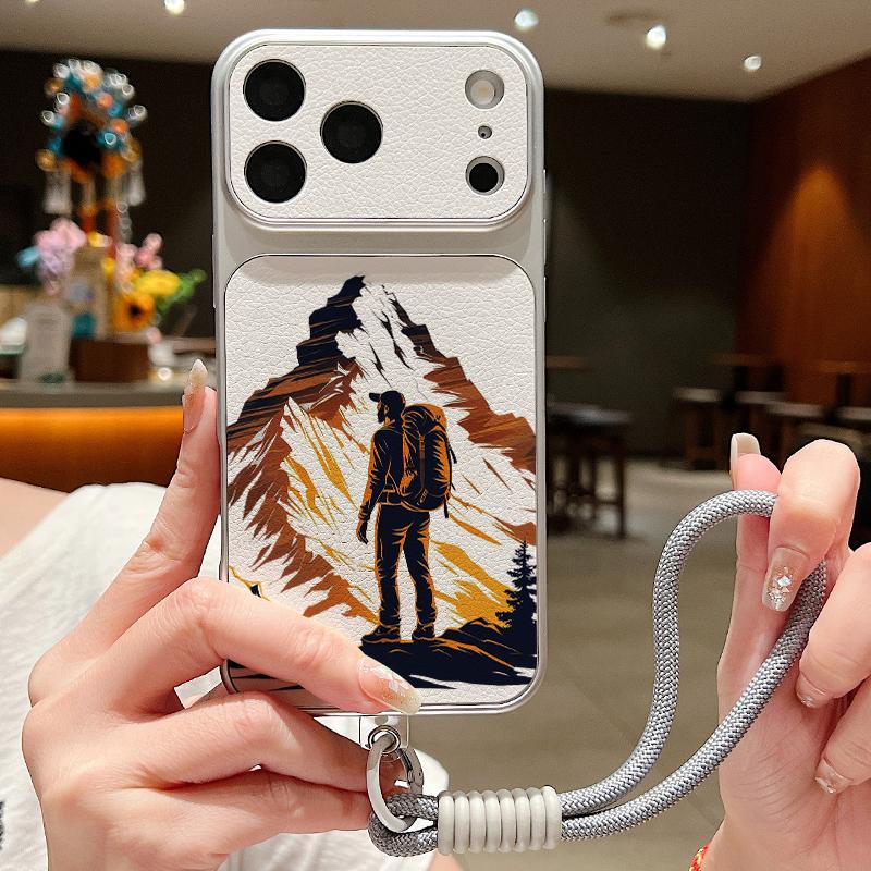 Mountain Road Print Leather Lanyard Case For iPhone 18 Pro Max 17 16 15 14 13 Pro Max Luxury Hybrid TPU+PU Anti-skid Soft Phone Cover