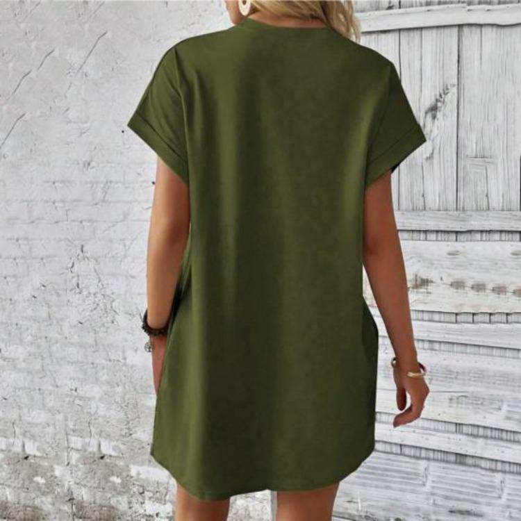 Summer Women Mini Dress Casual Loose Dolman Sleeve Round Neck Short Sleeves Side Pockets Above Knee Length Solid Color Soft Breathable Lady Dress