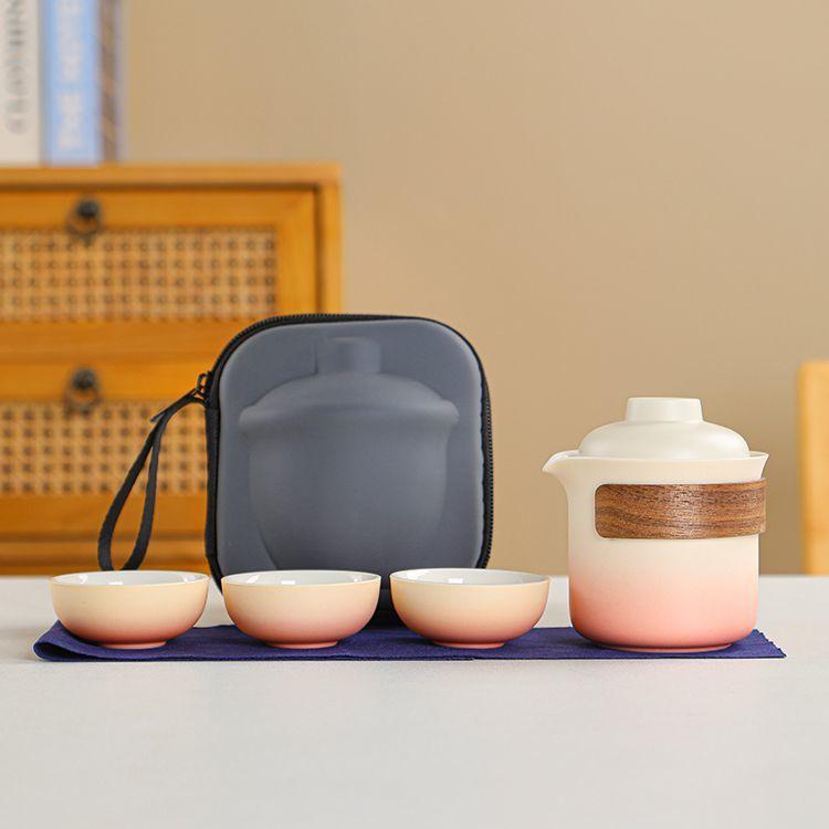 Travel Ceramic Tea Set, Kung Fu Tea Brewing Teapot, Anti-scalding Handle Teapot, Portable Storage, 1 Tea Pot and 3 Cups,