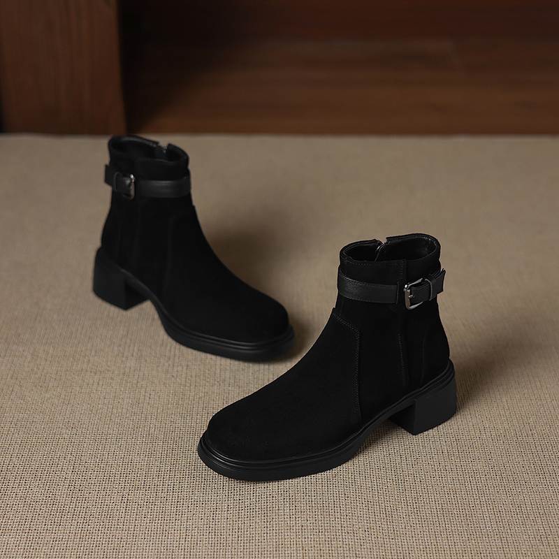 Krazing Pot Cow Suede Nubuck Round Toe Thick Heels Chelsea Boots Size 42 Zipper Women Keep Warm Ankle Boots