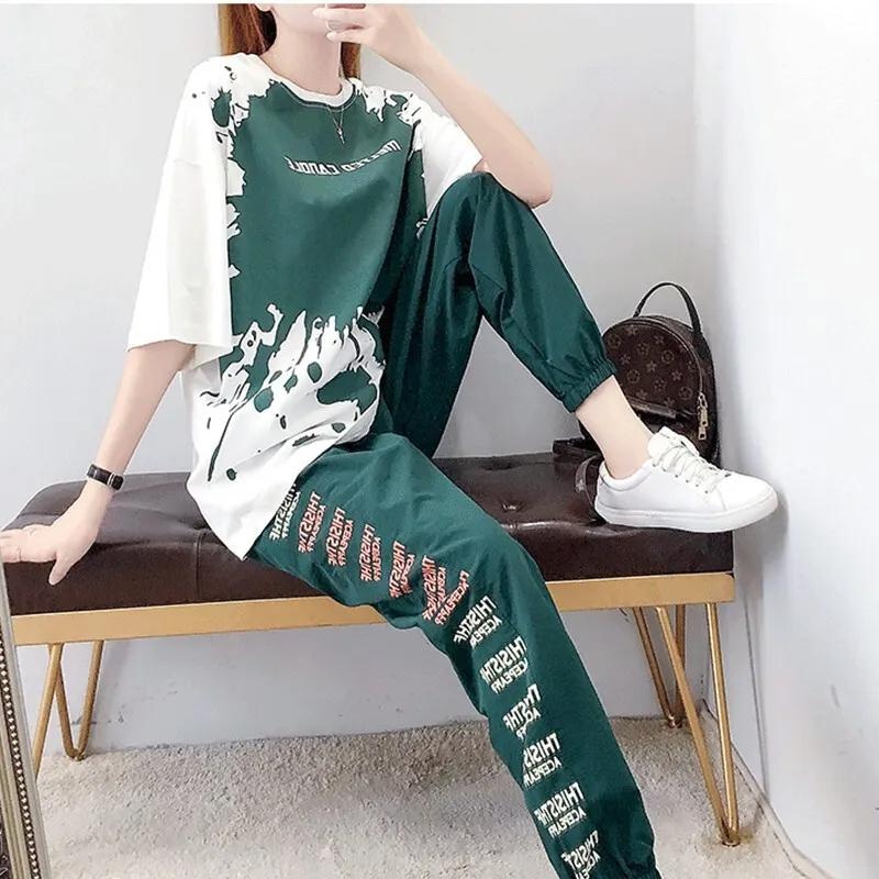 FiveFive Harem Pants Two Piece Suit Female Summer Student Wide Leg Pants Short Sleeve T-shirt Two-piece Suit