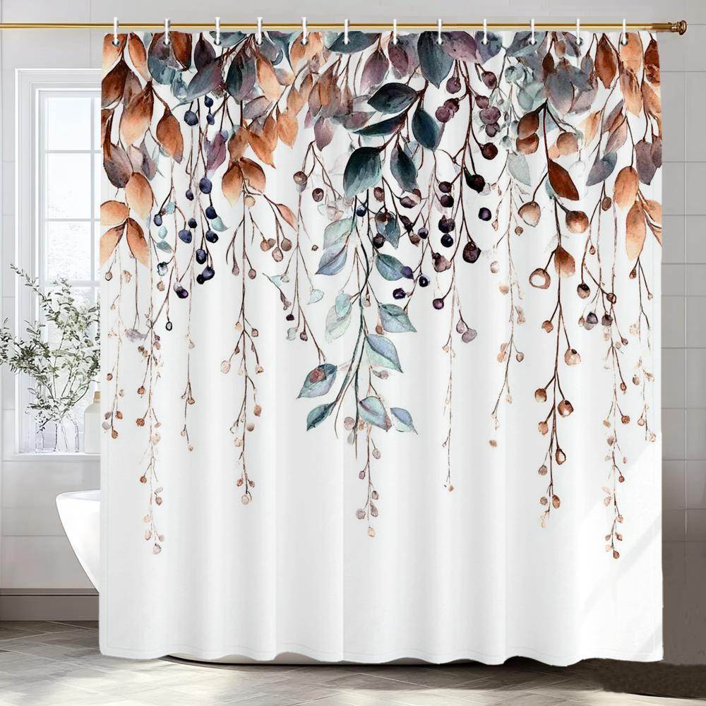 Modern Plants and Leaves Shower Curtain, Botanical Leaf Bathroom Decor Shower Curtain, Waterproof Shower Curtain with Hooks