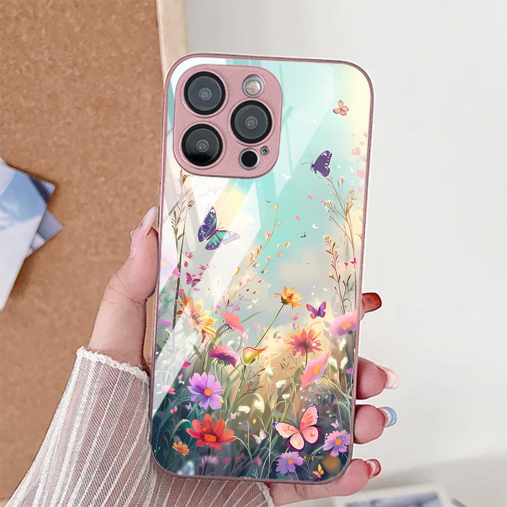 Flower Leaf Phone Case For iPhone 17 Pro Case iPhone 14 13 11 15 12 16 Pro Max 17 Air 16E SE 7 8 Plus XR Tempered Glass Cover