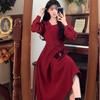 Large Size French Retro Hepburn Style Red Dress Women's Autumn and Winter Slightly Fat Mm Waist and Thin Toast Dress Long Dress