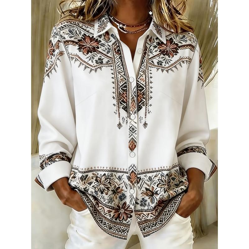 New khaki gradient retro floral print men's long sleeve shirt Bohemian casual pattern shirt clothing jacket