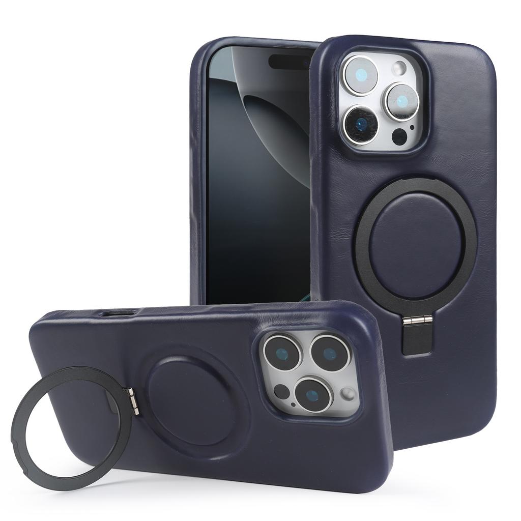 Stand Bracket Genuine Leather Case For iphone 16 Pro Max 16e 15pro 14 13 12 11 Full Wrapped Phone Cases Cover+Magnetic Holder