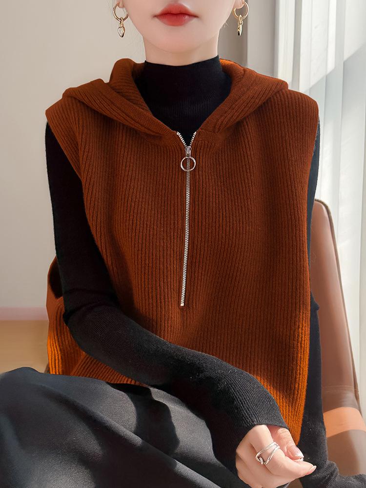 Elegant Half-Zip Hooded Knit Vest: Women's Sleeveless Lapel Cardigan Sweater - Loose and Warm Layering Top