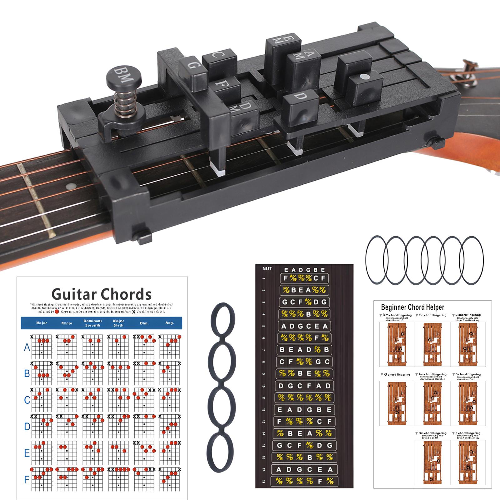 

Портативный гитарный капо для людей с артритом с помощником аккордов в одно касание, набор для обучения начинающих с наклейками на лады и таблицей аккордов