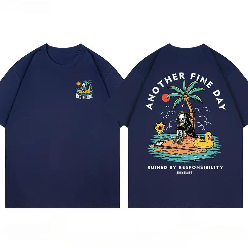2025 Summer New Fun Death God Vacation printed cotton Tshirt loose and fashionable couple shortsleeved mens and womens tops