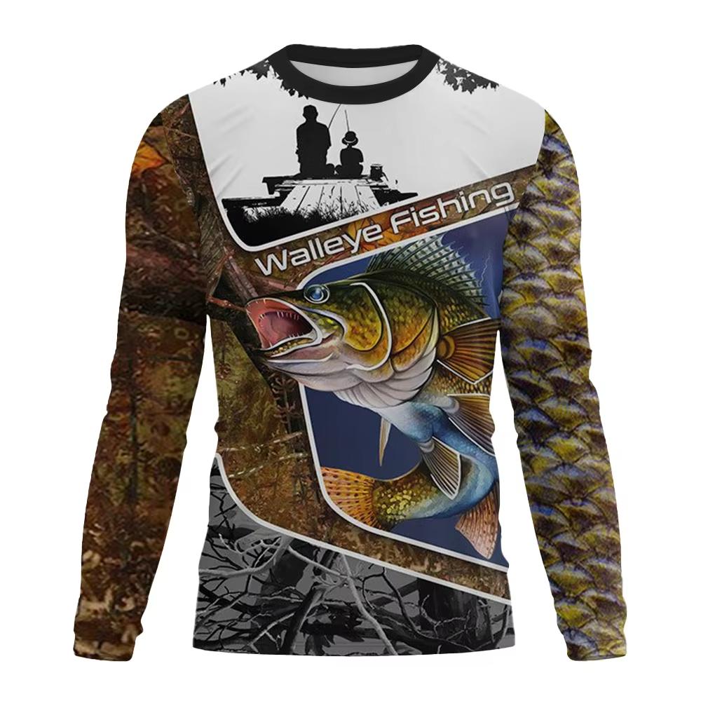 Spring and Autumn Round Neck 3D Fishing Printed T-shirts Fashionable Casual Long Sleeved Men's T-shirts