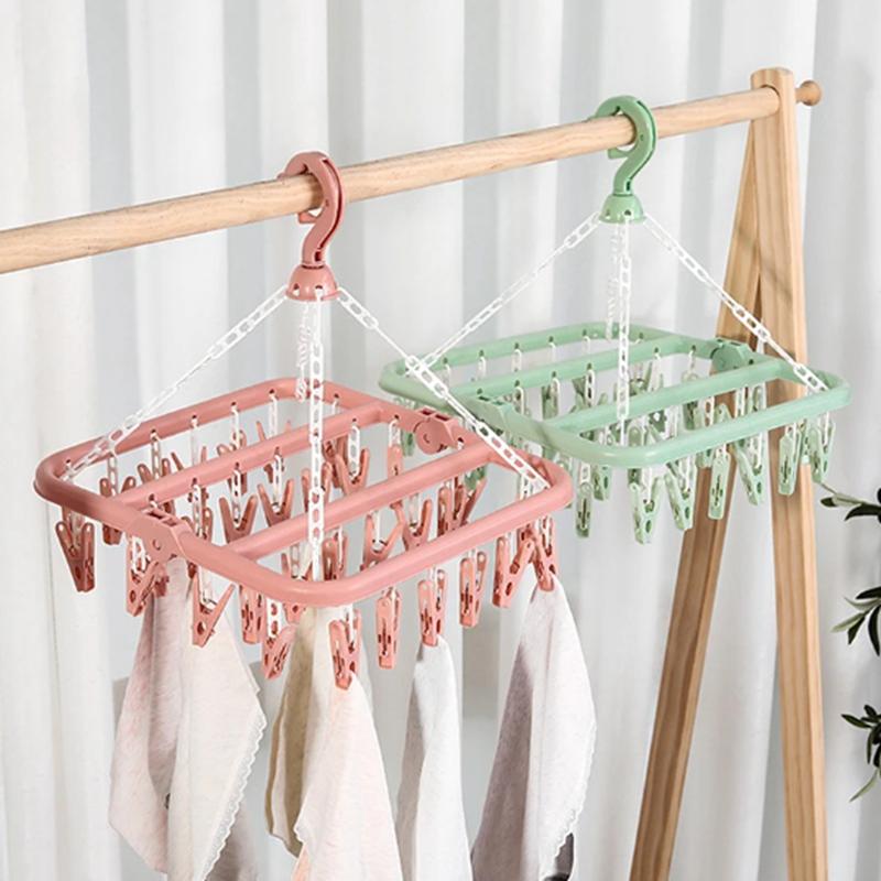 Foldable 32 Clip Hanging Hanger Multifunctional Windproof Plastic Socks' Clip Drying Rack Clothes Socks Drying Household Storage
