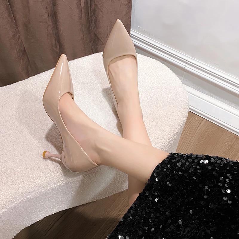 Fashion New Solid Color Pumps Women High Heel Shoes Female Fashion Patent Leather Sexy Pointed Toe Thin Heel Wedding Shoes