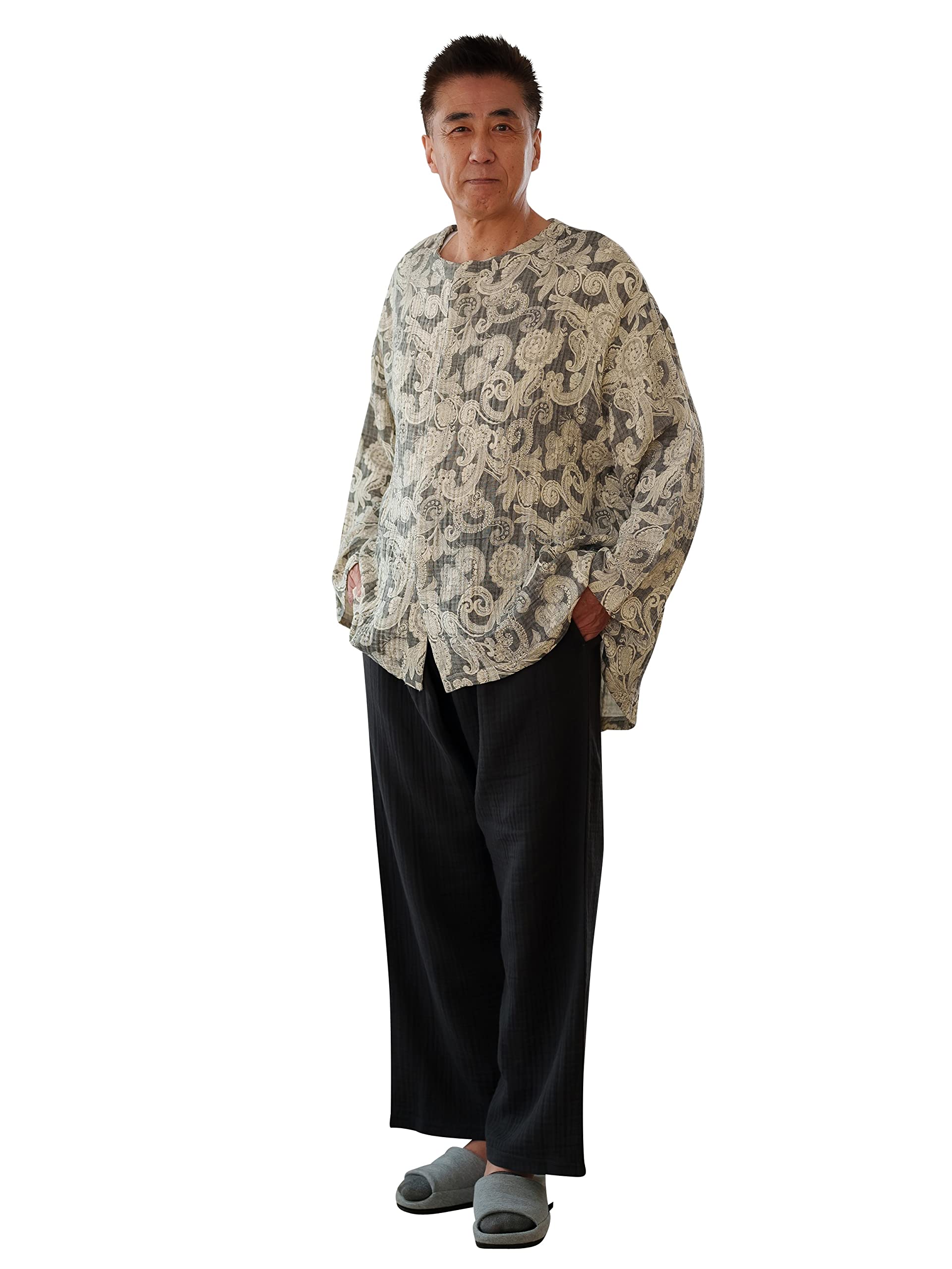 

MY Soft Double Gauze Paisley for Men [KISS LIFE] Men s Pajamas, Pattern, 3/4 Length, (L, Noir) (kml180113a2)