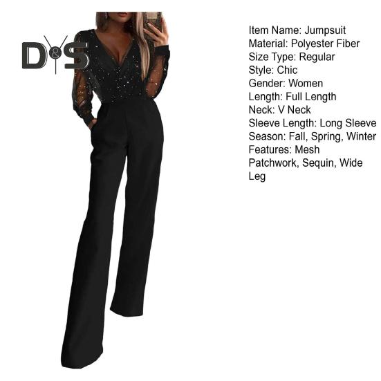 Jumpsuit for kvinner Gjennomsiktig mesh patchwork høy midje med lommer brede ben V-hals ballfest formell bankett jumpsuit