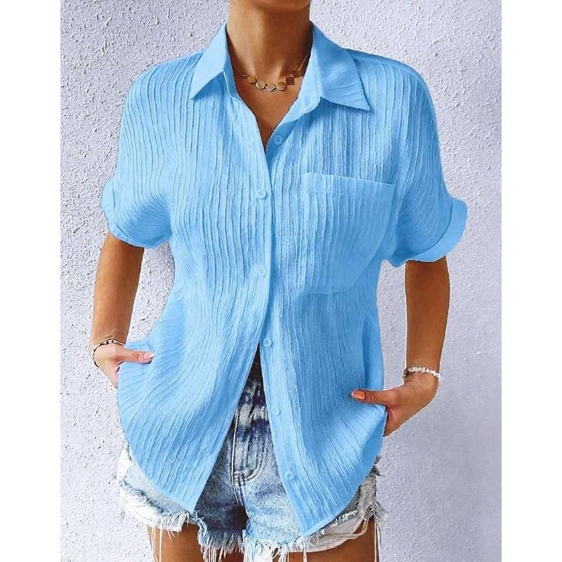 Camisa Casual de Manga Raglán con Solapa y Bolsillo Combinado para Mujer - Color Sólido, Manga Corta, Colección 2025.