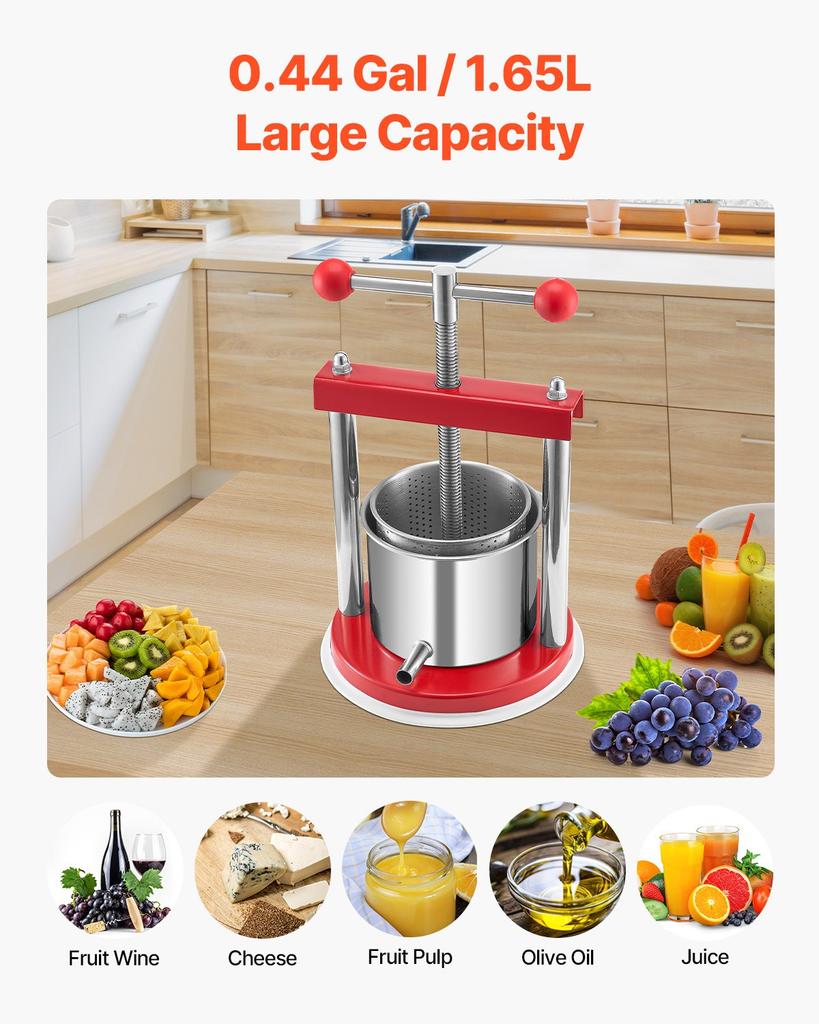 VEVOR 0,44 Gal/1,65L Obstweinpresse, 2 Edelstahlfässer, Manueller Saftbereiter