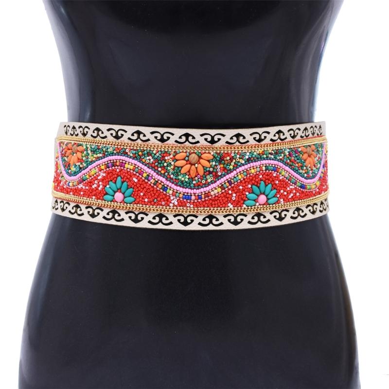 Bohemian Stretch Waist Belt Waistband with Ethnic Beads Accent Adjustable Wide Cinching Band for Dresses and Skirts