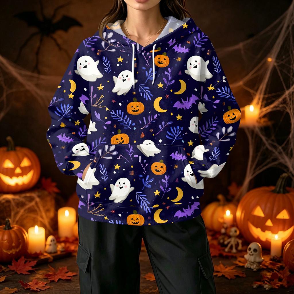 Ladies fashion casual Halloween printed drawstring hooded sweater with pockets