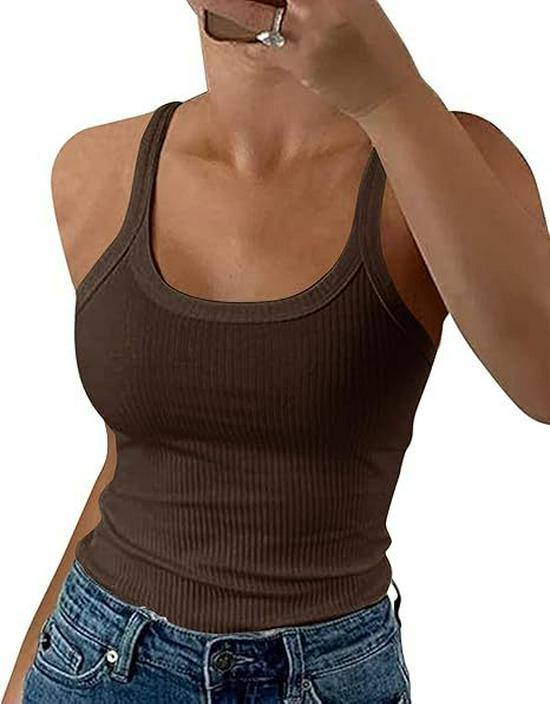 

Thin Strap Ribbed Cotton Tank Top - Slim Fit Sleeveless Camisole L кавовий