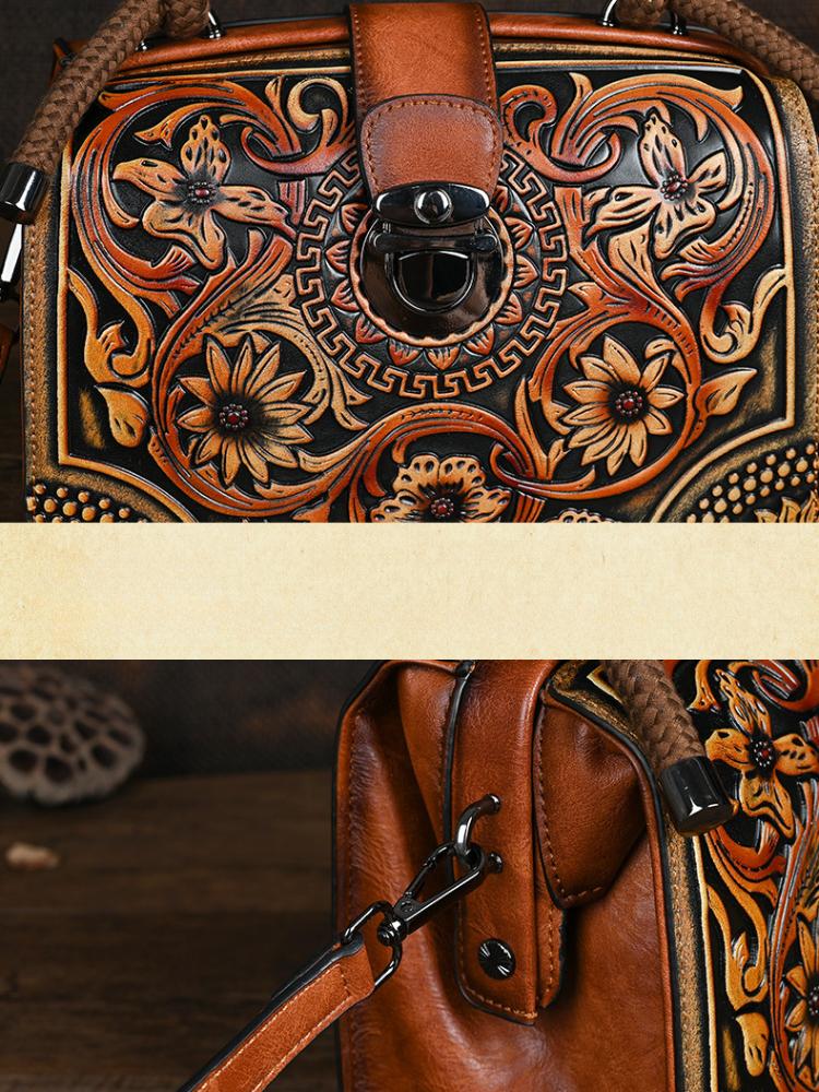 Johnature Vintage Luxury Handbag Handmade Leather Carved Women Bag Versatile Female Shoulder & Crossbody Bags