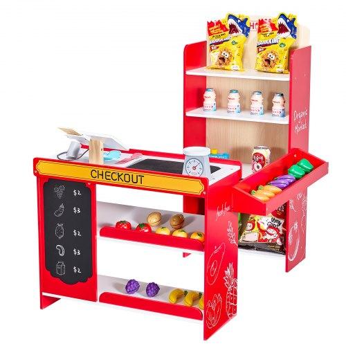 VEVOR Kids Grocery Store Playset, Wooden Play Store with Shopping Bag, Kids Supermarket Pretend Play Toy Set with Conveyor Belt, Scanner