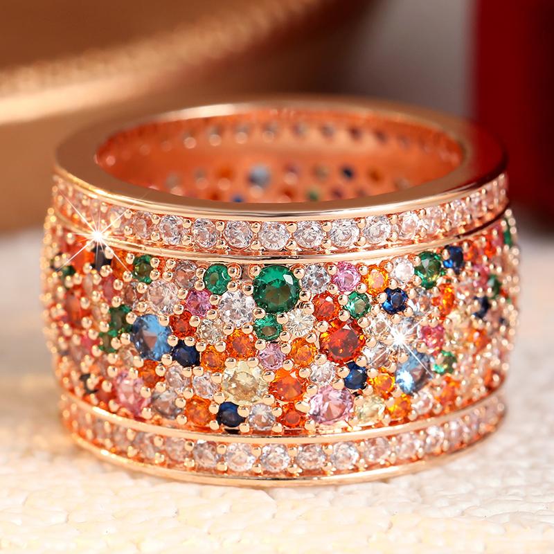 Luxury Inlaid Multicolored CZ Women's Ring Shine Gold Color Geometry Daily Wear Party Jewelry Anniversary Gift