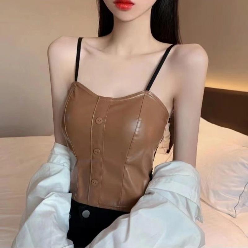 Sexy PU Leather Camisole Top Women Black Sleeveless Vest Bra with Chest Pad Underwear Korean Fashion Streetwear Female Clothes