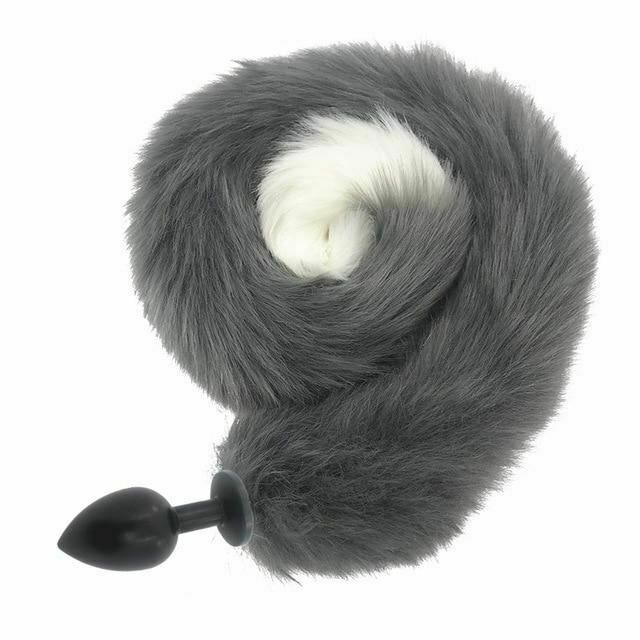 80Cm Long Grey White Fox Tail Cosplay Anal Butt Plug  Pet Play Butt Plug Tails