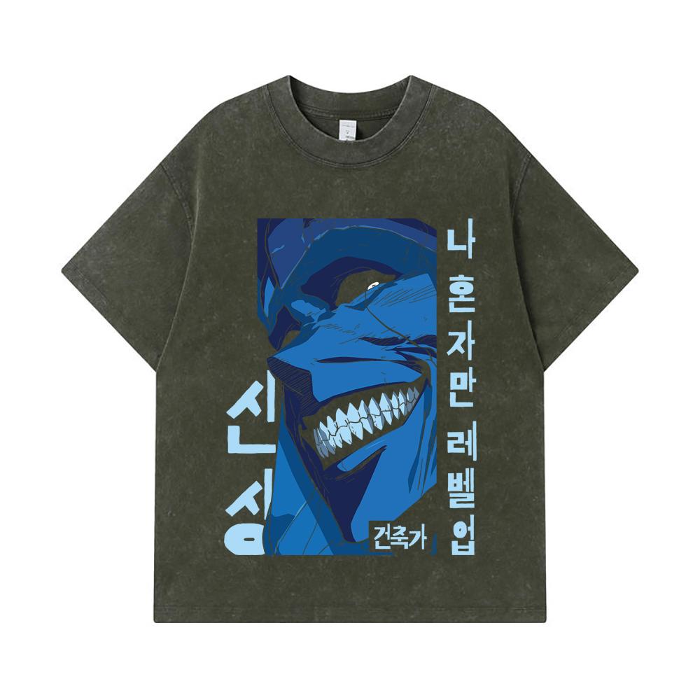 275 GSM Washed T-shirts 100% Cotton Solo Leveling V16 Print Unisex Heavy Cotton T Shirt S