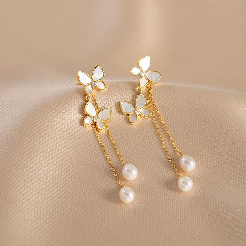 

New Fashion Trend Unique Design Elegant Delicate Pearl Butterfly Tassel Headphones Women Jewelry Wedding Party Premium Gifts