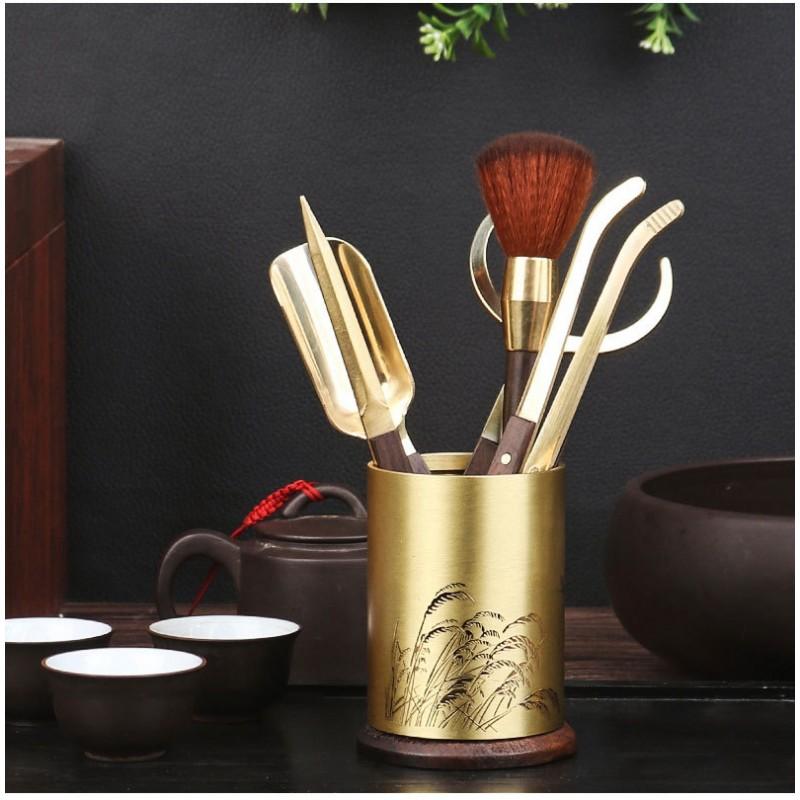 Elegant Brass Ebony Wood Tea Ceremony Six Tools Set Luxury Gift Office Use
